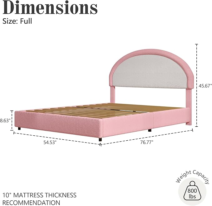 Full Size Bed Frame, Boucle Upholstered Platform Bed Frame with Headboard, White Bed Frame, Soft Rounded Corners, No Box Spring Required, Easy Assembly, Pink&White