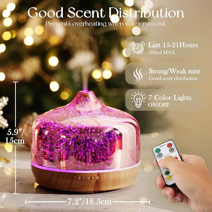 Porseme 500ml Glass Essential Oil Diffuser Aromatherapy Ultrasonic Cool Mist Humidifier 15-21 Running Hours Diffusers with Remote Control for Sleeping Office Working Yoga Rest and Spa