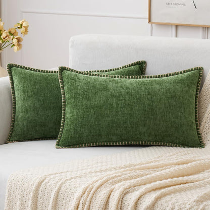 MIULEE Pack of 2 Christmas Pillow Covers 12x20 Inch Moss Green Farmhouse Decorative Throw Pillow Covers with Stitched Edge Soft Chenille Solid Dyed Couch Pillow Covers for Sofa Bed Living Room