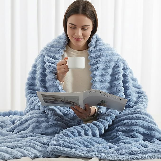 decorUhome Christmas Soft Fleece Blue Grey Throw Blanket for Couch, Cozy Fluffy Plush Flannel Striped Blanket for Sofa Bed, Lightweight Decorative Ribbed Fuzzy Blanket for Woman, 50x60 Inches