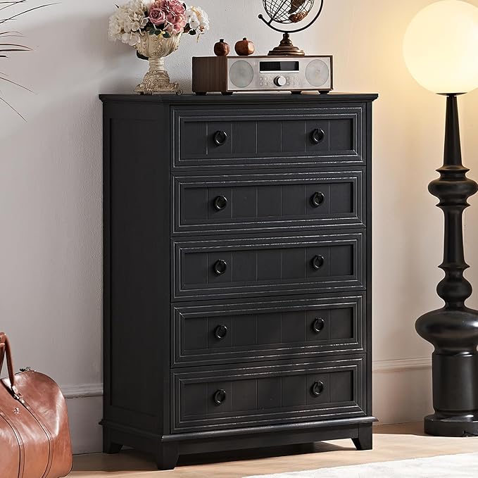 Farmhouse 5 Drawer Dresser for Bedroom Set of 2, 42" Tall Small Dressers & Chest of Drawers, Rustic Wood Dresser with Metal Handle, Storage Organizer Closet for Living Room, Hallway,Entryway