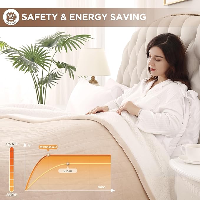 Westinghouse Full Size Heated Blanket, Soft Flannel & Sherpa, 10 Heating Levels, Auto Shut Off, Machine Washable, Beige, 72x84 Inch