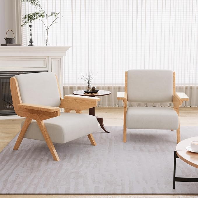 Accent Chair Set of 2, Mid Century Modern Chair, Velvet Upholstered Lounge Arm Chair with Solid Wood, Cozy Seating for Living Room, Bedroom, Balcony (White)