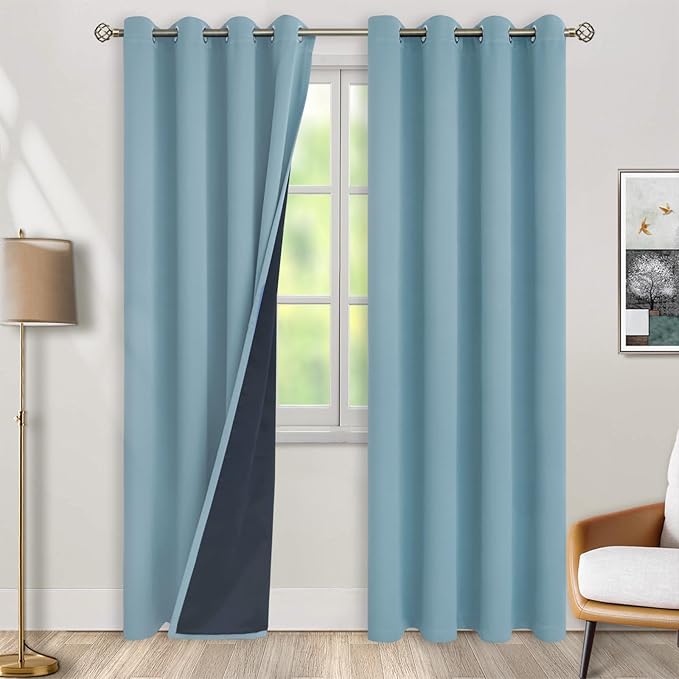 BGment Thermal Insulated 100% Blackout Curtains for Bedroom with Black Liner, Double Layer Full Room Darkening Noise Reducing Grommet Curtain (52 x 90 Inch, Greyish Blue, 2 Panels)