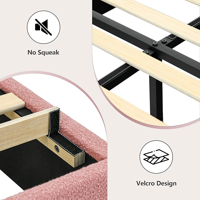 Twin Bed Frames with Headboard, Boucle Upholstered Platform Bed, White Bed Frame, Soft Rounded Corners, No Box Spring Needed, Easy Assembly, Pink&White