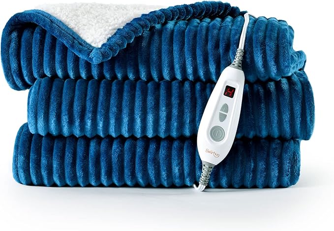 Bearhug Electric Blanket Heated Throw, 50"x60" Ribbed Flannel & Sherpa Fast Heating Blanket, 6 Heating Levels & 4H Auto Off, Over-Heat Protect, ETL, Machine Washable