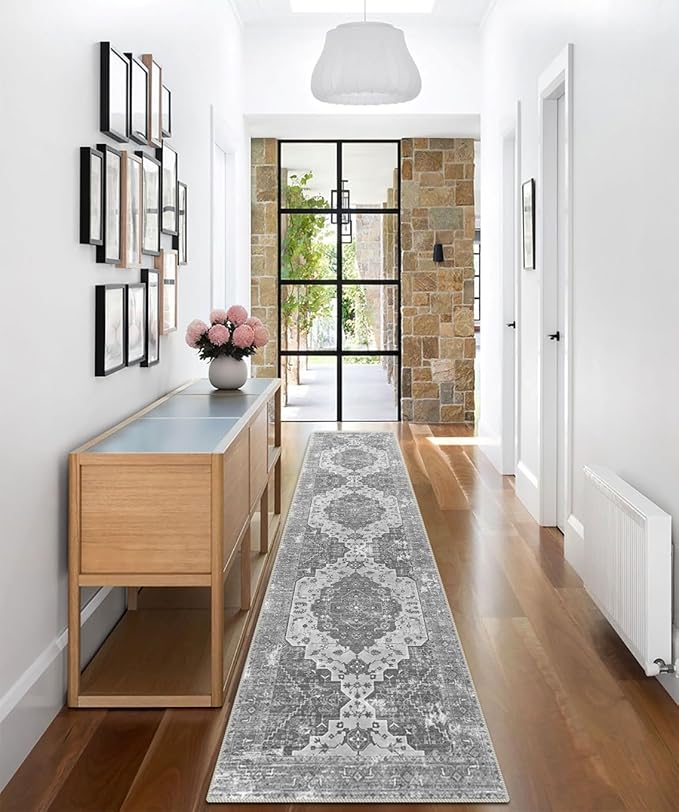 vivorug Grey Runner Rug 2x10 Machine Washable Rug with Non-Slip Backing, Ideal for Kitchen Hallway Entryway Laundry Room - Vintage Floral, Durable, Easy Clean, Low Pile Carpet Runner