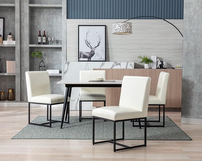 CIMOTA Modern Dining Chairs Set of 8, Leather Dining Room Chairs Upholstered Armless Guest Side Chair with Black Base for Dining Room/Kitchen, Cream 8PCS