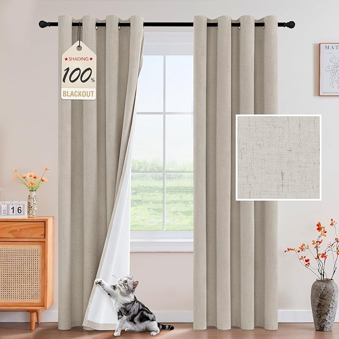 PrinceDeco Nature Linen Curtains 100% Back Out Curtains for Living Room/Bedroom 84 Inch Length Burlap Fabric Thermal Insulated & Light Blocking Nickel Grommet Window Drapes Set of 2,Heathered Linen