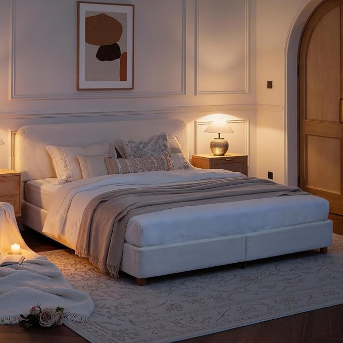 King Size Cloud Bed Frame, Upholstered Boucle Bed Frame with Adjustable Headboard, Solid Wood Legs, Rounded Corners Design & Easy Assembly – Modern Platform Bed,Cream