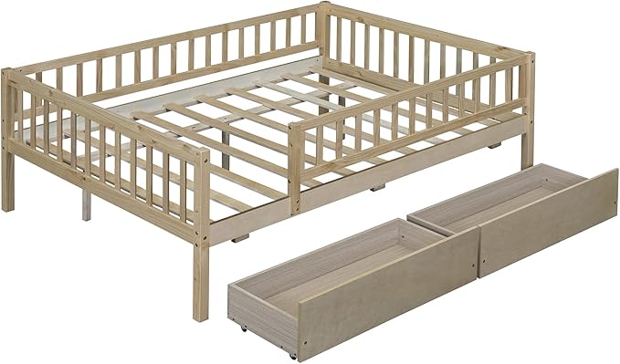 Bellemave Full Size Bed Frames with Rails for Kids, Full daybed Frame with Drawers for Boys/Girls/Adults， Natural
