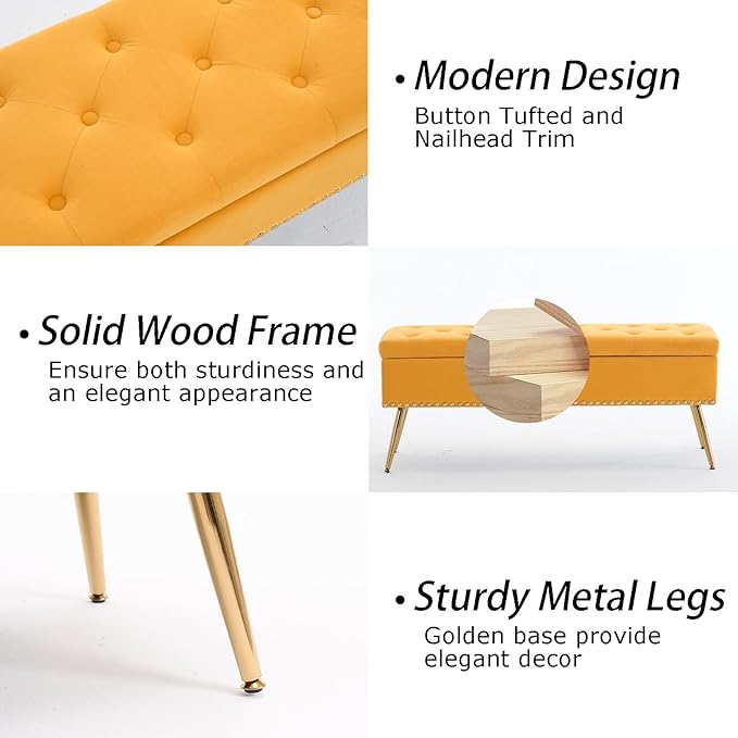 Velvet Storage Bench with Gold Legs& Nailhead Trim, 46" Wide Upholstered Modern Bedroom Bench for End of Bed, Tufted Ottoman for Entryway Living Room Dining Room (Mustard Yellow, 46" Wide)