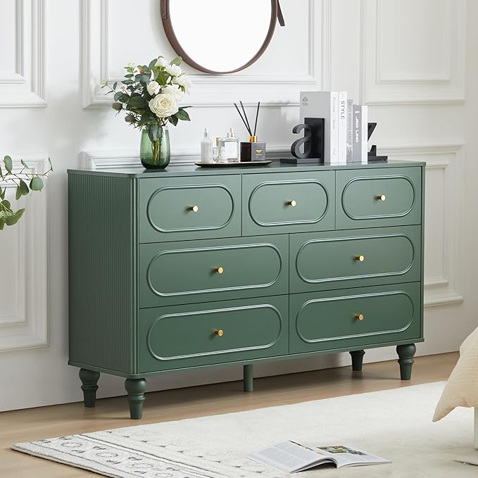ORRD Fluted 7 Drawer Dresser for Bedroom, Modern Mid Century Chest of Drawers, Wood Storage Large Dresser Organizer for Bedroom Living Room Closet Hallway, Green