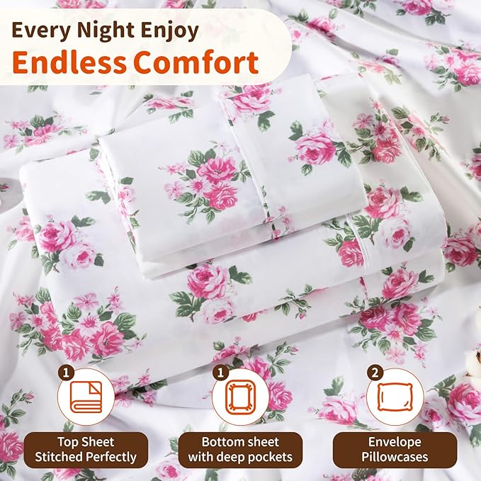 LBRO2M 1000 Thread Count Sheets 100% Egyptian Cotton Bedding Set Floral Queen Size 16 Inches Deep Pocket Bedding 4 Piece Sets (Queen, Peony)