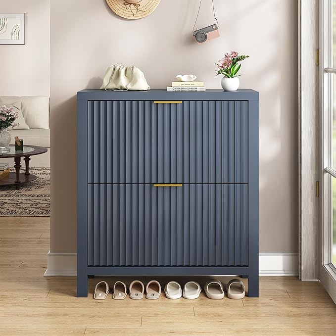 Shoe Cabinet Storage for Entryway, Fluted Shoe Cabinet with 2 Flip Drawers, Hidden Shoe Rack Tall Freestanding Shoe Organizer with Legs for Hallway, Blue
