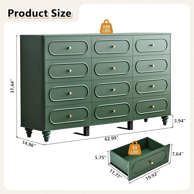 12 Drawer Fluted Dresser for Bedroom, Mid Century Modern Chest of Drawers, Wood Storage Small Dresser Organizer for Bedroom Living Room Hallway Closet, Green