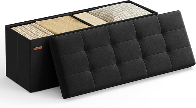 SONGMICS MAZIE Collection - 43 Inches Folding Storage Ottoman Bench, Ottoman Foot Rest, End of Bed Bench, Storage Chest, Load 660 lb, for Living Room, Bedroom, Entryway, Ink Black ULSF077B01