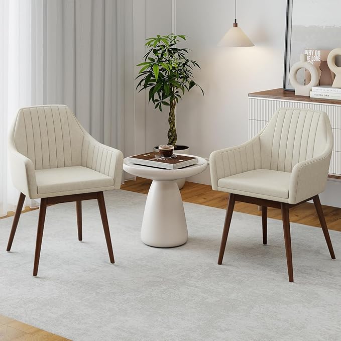 Giantex Upholstered Dining Chairs Set of 2, Mid Century Kitchen Chairs with Solid Wood Legs, Wrap-Around Backrest, Modern Accent Armchair for Living Room, Dining Room, Bedroom, Beige