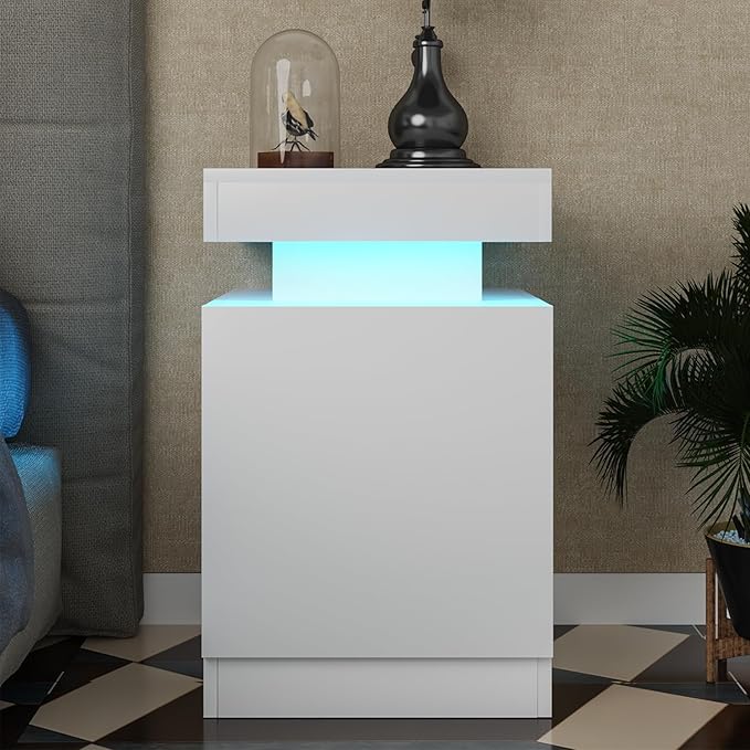 MXV Nightstand Set of 2 with LED Lights,Night Stand with Storage Cabinet for Bedroom,Bedside Table with LED (White, 15IN)