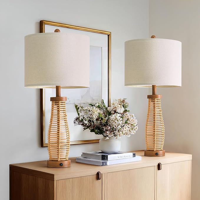 OYEARS 28" Table Lamps Set of 2 with Dual Night Lights, Bedside Lamps for Bedroom, Boho Lamp for Living Room, Rattan Table Lamp with Linen Shade, Farmhouse Lamp with Wood Grain Finish (Bulb Included)