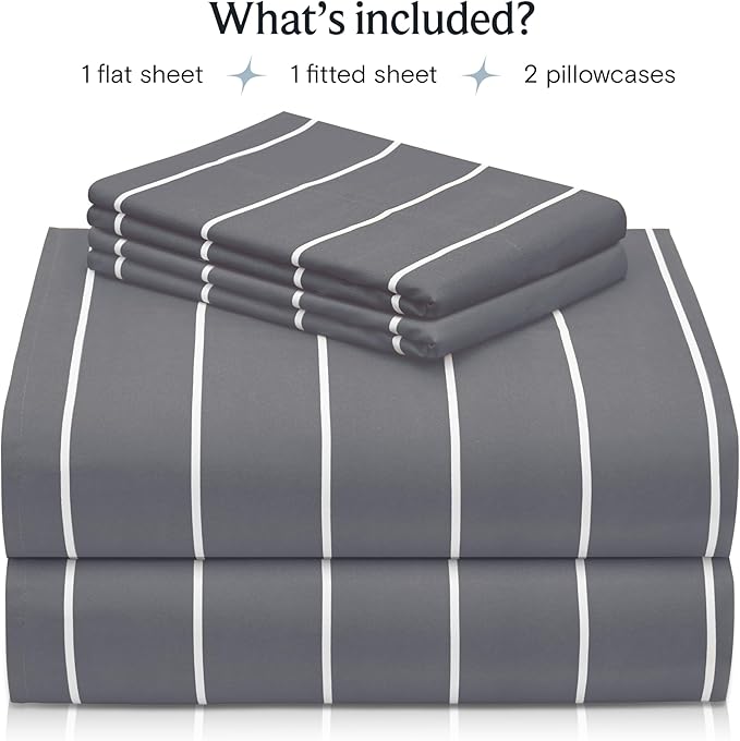 LuxClub 4 PC Queen Sheet Set, Deep Pockets Wrinkle Free Cooling Bed Sheets Hotel Bedding for Women, Men, Includes 1 Fitted Sheet, 1 Flat Sheet and 2 Pillowcases-Striped - Light Grey