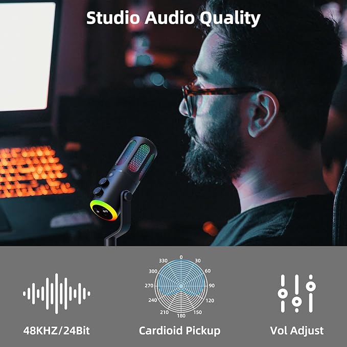 Wireles USB Condenser Microphone for PC Laptop - Studio Sound Gaming Mic for Podcast Streaming Asmr YouTube with Volume Control, Reverb Mode