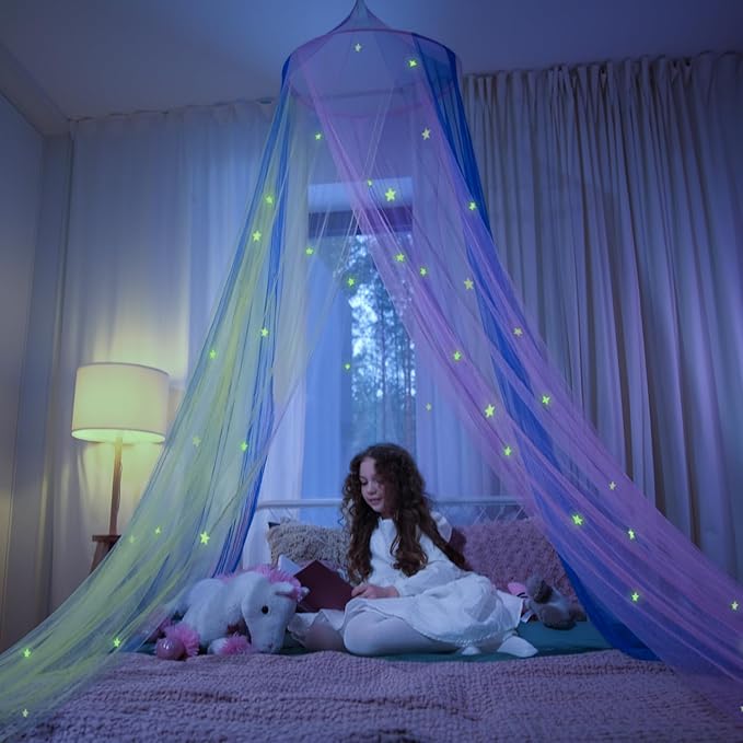 Bollepo Bed Canopy for Girls with Glowing Stars - Canopy Bed Curtains | Fits Single, Twin, Full, Queen Size Kids - Princess Bed Canopy | Rainbow Bedroom Accessories, Netting Room Decor, Ceiling Tent