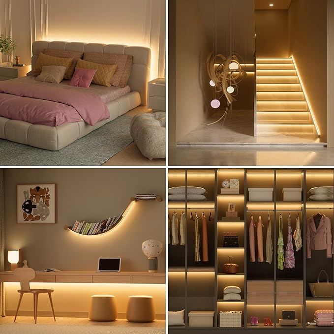 PAUTIX COB LED Strip Lights with RF Remote,32.8ft UL Listed Dotless LED Lights Warm White 2700K,Super Bright Dimmable 24V Adhesive LED Tape Light,Kitchen Cabinets Shelf Mirror Office Bedroom Lighting