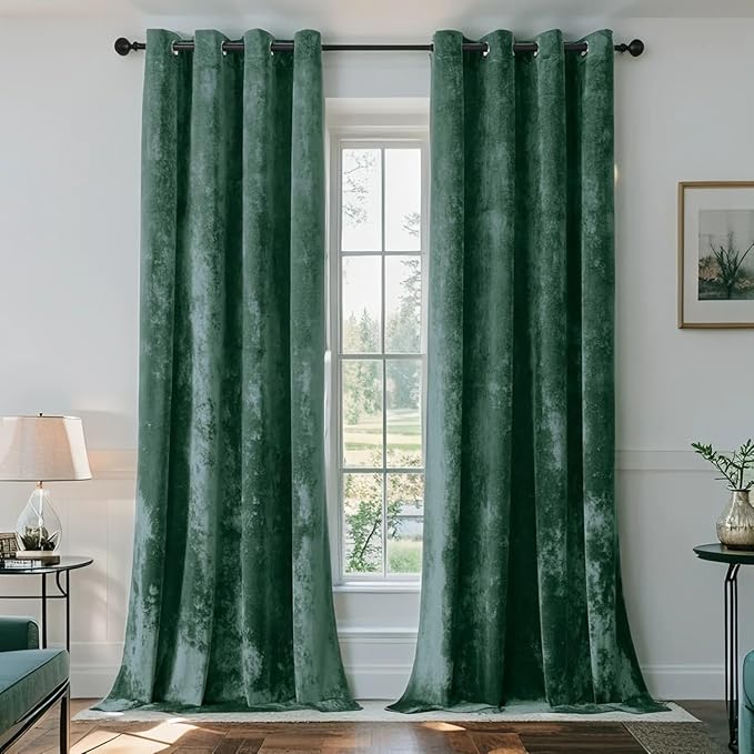 SMILETIME Forest Green Crushed Velvet Curtains 52x90 inch Luxurious Thermal Insulated Soundproof Drapes for Living Room Bedroom Office Soft and Durable Light-Filtering Window Treatments, 2 Panels