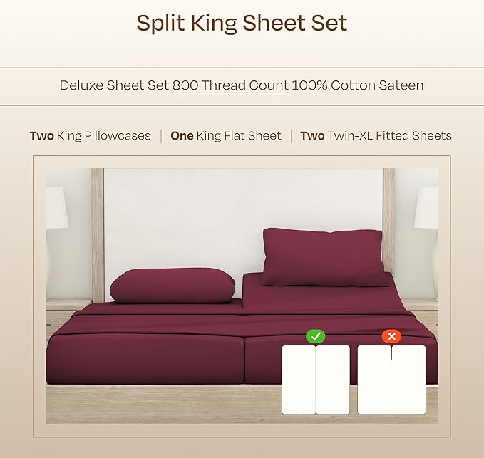 California Design Den Split King Sheets Set - Luxury Hotel 800 Thread Count Sateen, Soft and Natural 100% Cotton Sheets, Deep Pockets for a Snug Fit, Durable Bedding Set - Red Wine