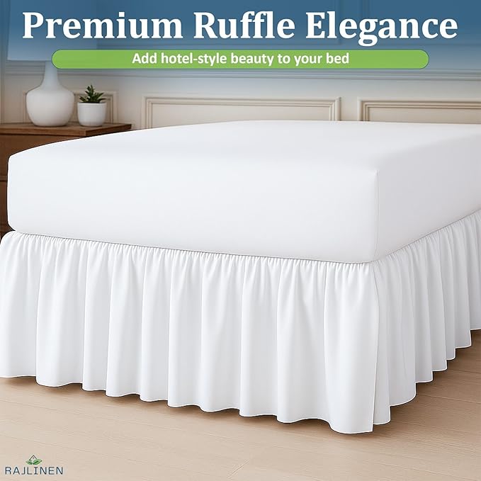 Rajlinen Ruffled Bed Skirt Full, 16 Inch Drop Dust Ruffle with Split Corners, 100% Microfiber Bedskirt with Platform, Three-Sided Coverage Ruffled Gathering Design, White