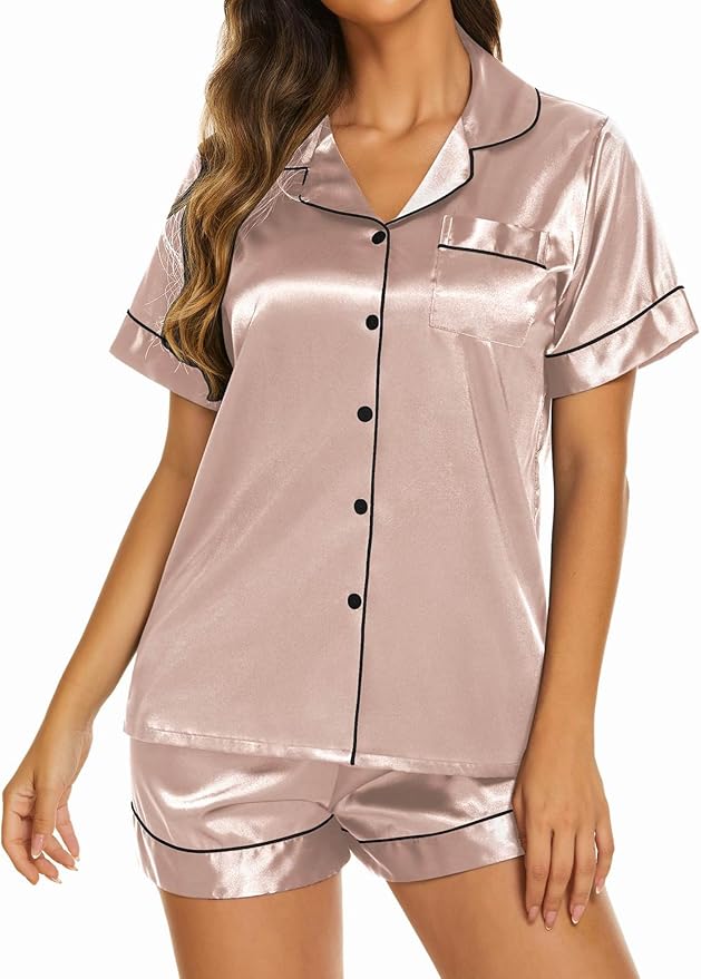 Ekouaer Silk Pajamas for Women Short Sleeve Sleepwear Soft Button Down Loungewear 2 Piece Satin Pjs Shorts Set