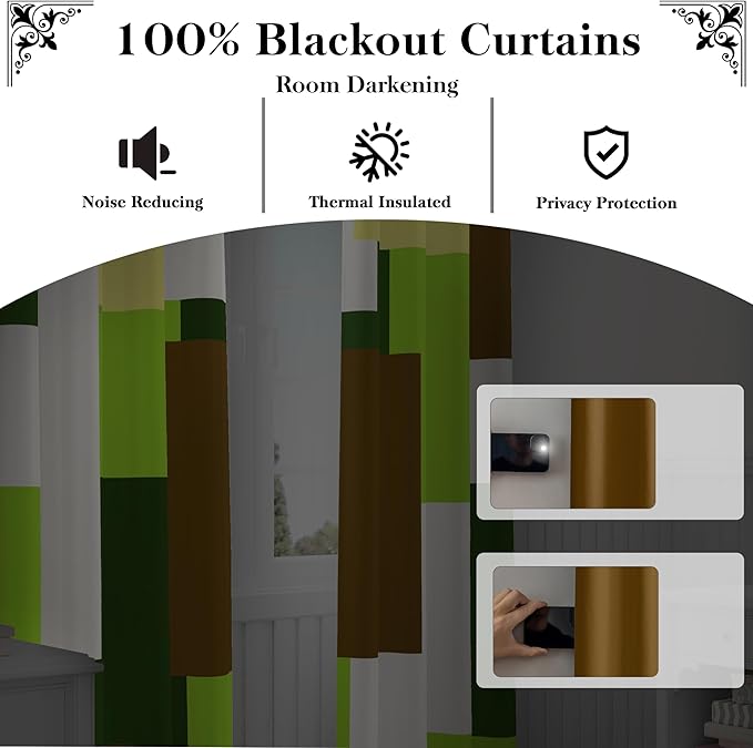 Avocado Green 100% Blackout Curtains for Bedroom 96 inch Long 2 Panels Set White Modern Abstract Geometric Black Out Curtains Insulated Room Darkening Window Drapes for Living Room, 52Wx96L