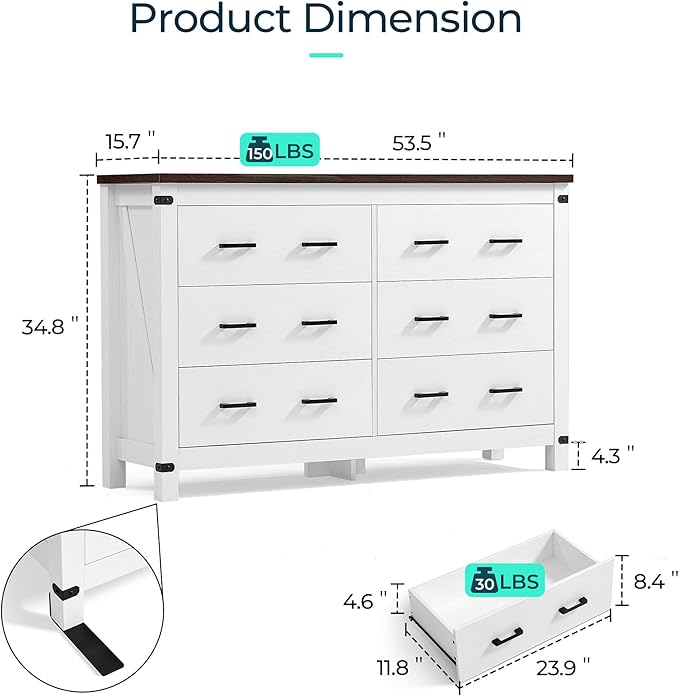 LINSY HOME Farmhouse 6 Drawer Double Dresser for Bedroom, 53” Wide Rustic Wood Chest with Deep Drawers, Modern Dressers with Storage and Metal Handles for Closet, Living Room, Hallway, Off White