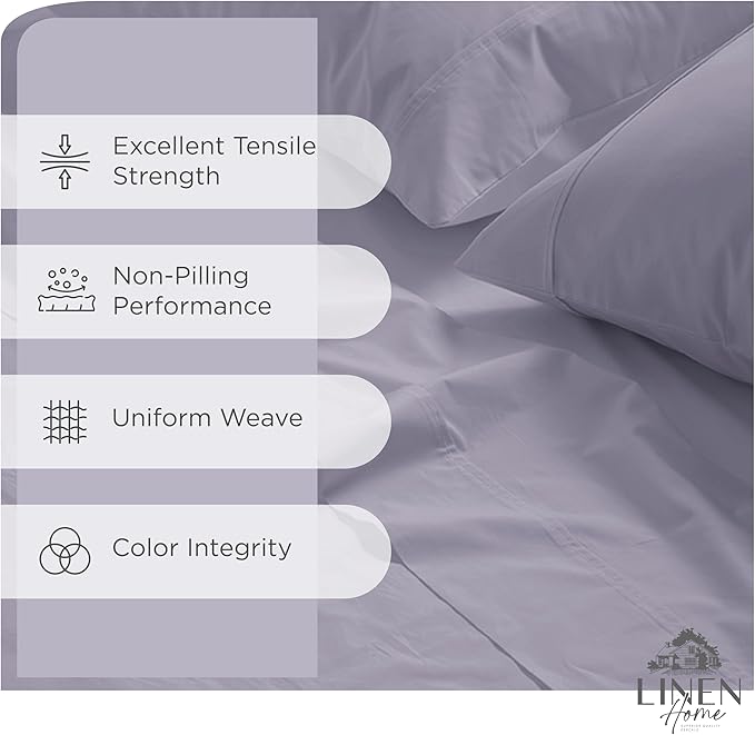 Linen Home 100% Cotton Percale Sheets Twin Size, Prelude Purple, Deep Pocket, 3 Pieces Set - 1 Flat, 1 Deep Pocket Fitted Sheet and 1 Pillowcase, Crisp Cool and Strong Bed Linen