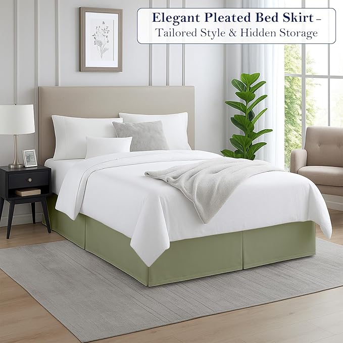 Full Bed Skirt, Luxury 18 Inch Drop Sage Pleated Bed Skirt, Double Brushed Microfiber, Box Pleat Design, Wrinkle & Fade Resistant, Easy Fit Tailored Bedskirt for Full Size Beds