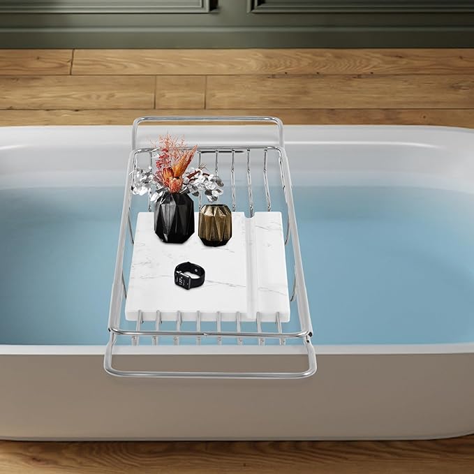 Bathtub Tray Caddy for Luxury Bath, Stainless Steel 26.8-35.4 in Expandable Extra Wide Bath Tub Tray with Natural Marble and Mobile/Tablet Stand, Ideal for Home Spa Lovers (Silver + White)