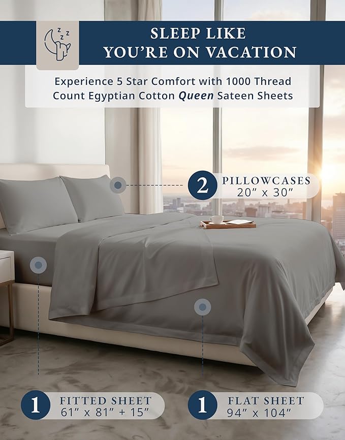 100% Egyptian Cotton Sheets Queen Size Bed Set – 1000 Thread Count Cooling & Breathable Sateen Queen Sheets Set, Authentic Long-Staple Cotton for Lasting Softness, Snug Fit 15" Deep Pocket - Charcoal