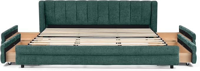 DEINPPA King Size Bed Frame with 4 Storage Drawers and Cloud Soft Headboard, Chenille Upholstered Grounded Wood Base Bed Frame, No Box Spring Needed-Blue+Green