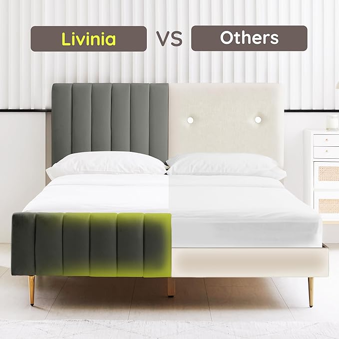 Livinia Queen Size Elton Velvet Platform Bed, Upholstered Bed Frame with Vertical Channel Tufted Headboard Footboard, Strong Wood Slats, No Box Spring Needed, Gray (Queen)