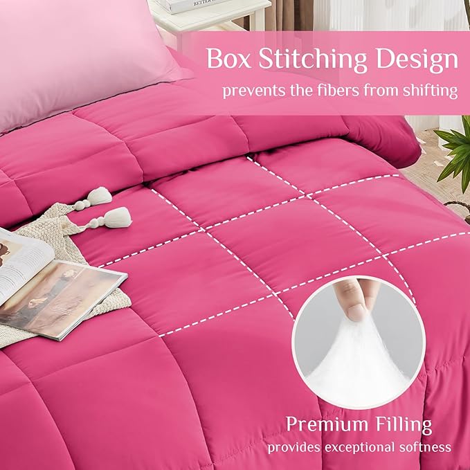 JOLLYVOGUE California King Comforter Set, Ultra-Soft Bed in a Bag 7 Pieces, Oeko-TEX Certified Bedding Set with Down Alternative Comforter, Sheets, Pillowcases & Shams, Hot Pink & Baby Pink
