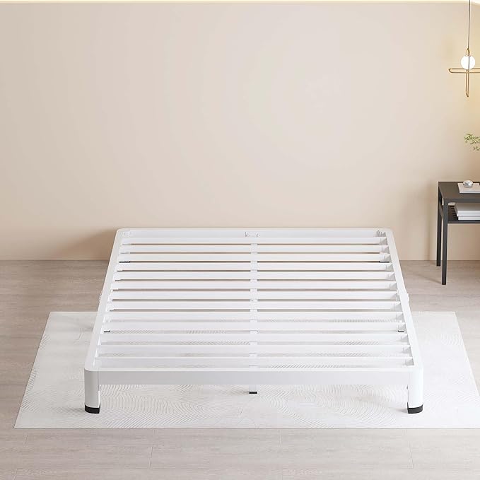 MAF 4 Inch Full Size Metal Platform Bed Frame White with Round Corner Legs, Mattress Slide Stopper, 3000 LBS Heavy Duty Steel Slats Support, Noise Free, No Box Spring Needed, Easy Assembly