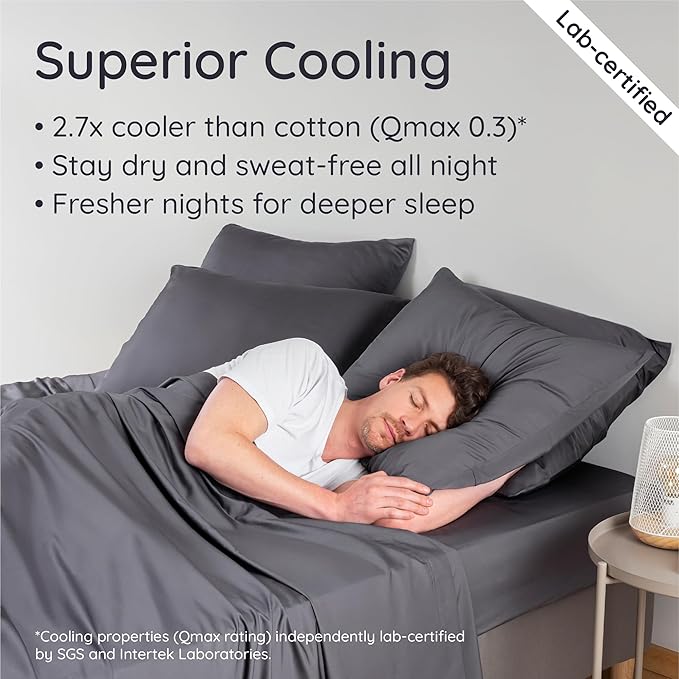 Bambaw 100% Viscose Derived from Bamboo Queen Size Sheet Set - 6pcs Cooling, Deep Pocket Fits Up to 16'' with Elastic Corner Straps, Queen Soft Sheets (Charcoal)