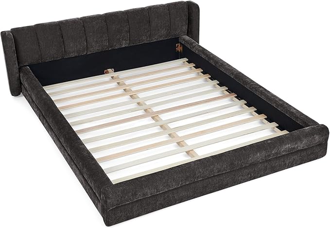 DEINPPA Queen Size Bed Frame with Cloud Soft Headboard, Chenille Upholstered Grounded Wood Base Bed Frame, No Box Spring Needed-Dark Grey
