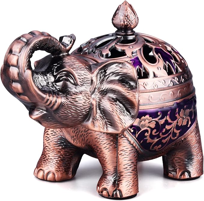 K COOL Metal Backflow Incense Holder Elephant Cone Incense Burner Candle Holder with Lid, Aromatherapy Ornament Home Office Decoration for Indoor Outdoor (Purple)