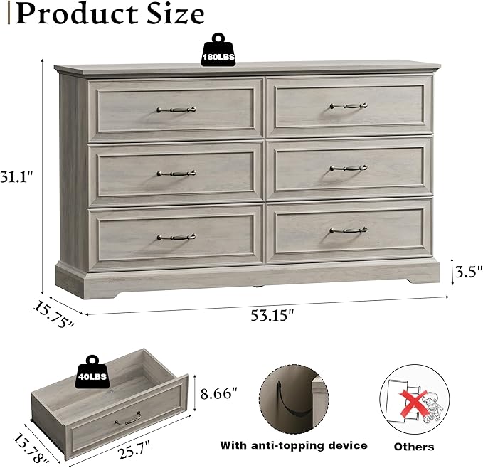 Farmhouse 6 Drawers Dresser for Bedroom, 54" Wide Modern Chest of Drawers with Deep Drawers & Bar Handles, Rustic Wood Dresser TV Stand, Wooden Closet Storage Organizer for Living Room, Hallway, Grey