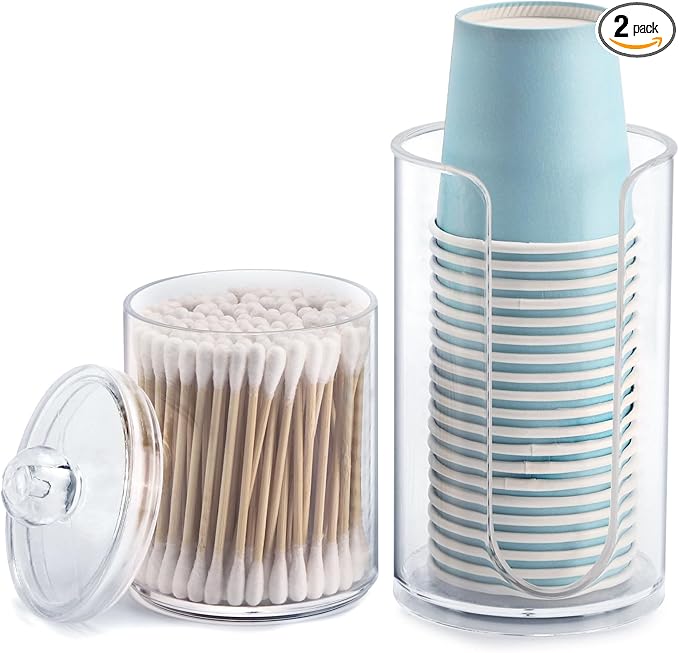 LoveBB 3oz-5oz Bathroom Cup Dispenser with 10oz Qtip Holder Dispenser, Small Disposable Paper Cup Holder Bathroom Accessories for Rinsing/Mouthwash Cups, Clear