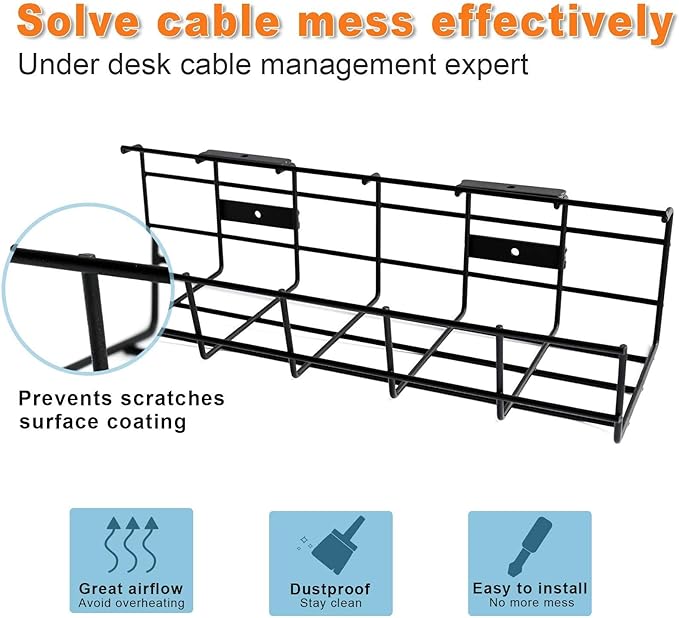 Under Desk Cable Management- 4 Pack Cord Organizer. Metal Wire Cable Management Tray for Office, Studio and Home. Super Sturdy Under Table Cable Managements - Black Cable Organizer