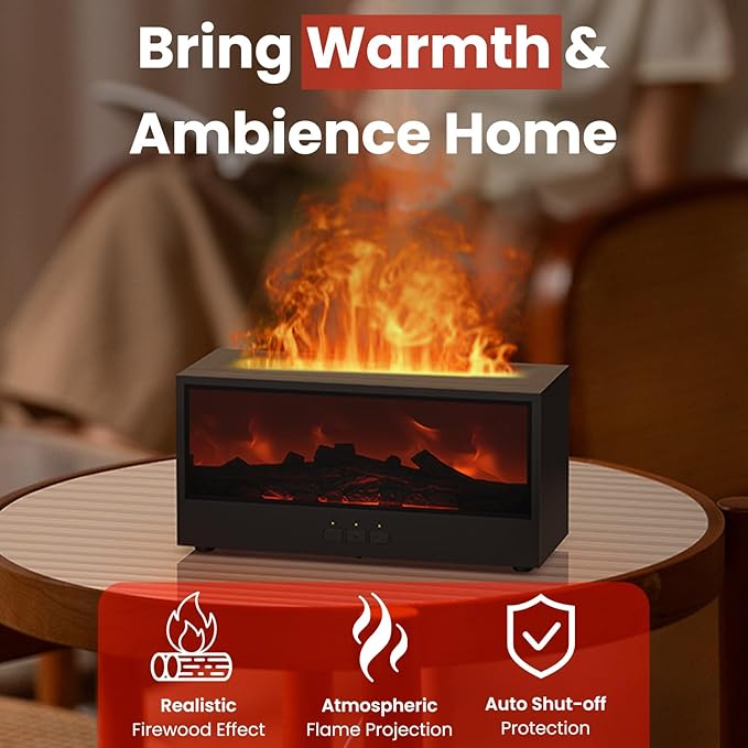 Fireplace Flame Diffuser Air Humidifier, Essential Oil Diffuser with 7 Colors Light & Timer, Auto-Off Ultrasonic Cool Mist Aroma Humidifier for Home, Bedroom, Office, Yoga(Black)
