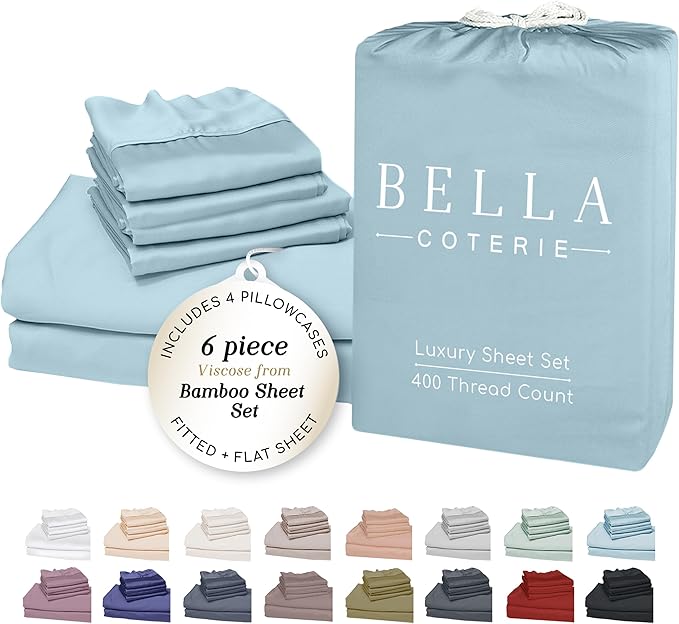 Bella Coterie 6 Piece Luxury Bamboo Viscose Queen Size Sheet Set | 100% Organically Grown | Cooling for Hot Sleepers | 18" Deep Pocket | Soft & Hypoallergenic | 4 Pillowcases [Coastal Blue]